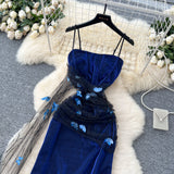 Niulatu Navy Blue Spaghetti Straps Sheath Long Party Dress for Birthday&Events HZ1031