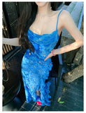 Niulatu Blue Spaghetti Straps Mermaid Chiffon Long Prom Dresses Elegant Evening Gowns with Slit HZ1031