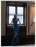 Niulatu Blue Spaghetti Straps Mermaid Chiffon Long Prom Dresses Elegant Evening Gowns with Slit HZ1031