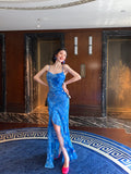 Niulatu Blue Spaghetti Straps Mermaid Chiffon Long Prom Dresses Elegant Evening Gowns with Slit HZ1031