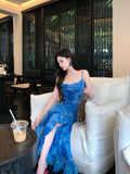 Niulatu Blue Spaghetti Straps Mermaid Chiffon Long Prom Dresses Elegant Evening Gowns with Slit HZ1031