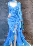 Niulatu Blue Spaghetti Straps Mermaid Evening Gowns Chiffon Satin Long Stunning Prom Dresses HZ1031
