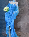 Niulatu Blue Spaghetti Straps Mermaid Evening Gowns Chiffon Satin Long Stunning Prom Dresses HZ1031