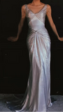 Niulatu Silver V-neck Sheath Satin Long Prom Dresses Formal Evening Gowns with Pleats HZ1031