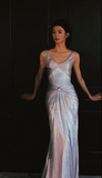 Niulatu Silver V-neck Sheath Satin Long Prom Dresses Formal Evening Gowns with Pleats HZ1031