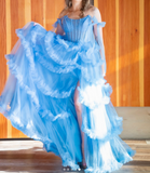 Niulatu Blue Spaghetti Straps A-Line Tulle Long Prom Dresses Formal Evening Gowns with Slits HZ1031