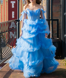 Niulatu Blue Spaghetti Straps A-Line Tulle Long Prom Dresses Formal Evening Gowns with Slits HZ1031