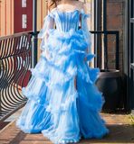 Niulatu Blue Spaghetti Straps A-Line Tulle Long Prom Dresses Formal Evening Gowns with Slits HZ1031