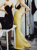 Niulatu Yellow V Neck Sheath Satin Long Prom Dresses Birthday Dresses Glam Guest Dresses HZ1031