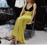 Niulatu Yellow V Neck Sheath Satin Long Prom Dresses Birthday Dresses Glam Guest Dresses HZ1031