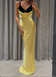 Niulatu Yellow V Neck Sheath Satin Long Prom Dresses Birthday Dresses Glam Guest Dresses HZ1031