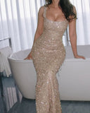 Niulatu Champagne Square Neck Mermaid Sequin Beading Long Prom Dresses Fashion Formal Evening Gowns HZ1031