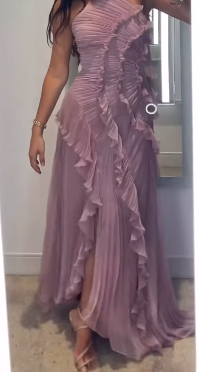 Niulatu Purple Halter A-Line Guest Dresses Chiffon Ruffles Long Prom Dresses Birthday Dresses HZ1031