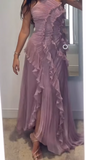 Niulatu Purple Halter A-Line Guest Dresses Chiffon Ruffles Long Prom Dresses Birthday Dresses HZ1031