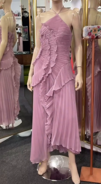 Niulatu Purple Halter A-Line Guest Dresses Chiffon Ruffles Long Prom Dresses Birthday Dresses HZ1031