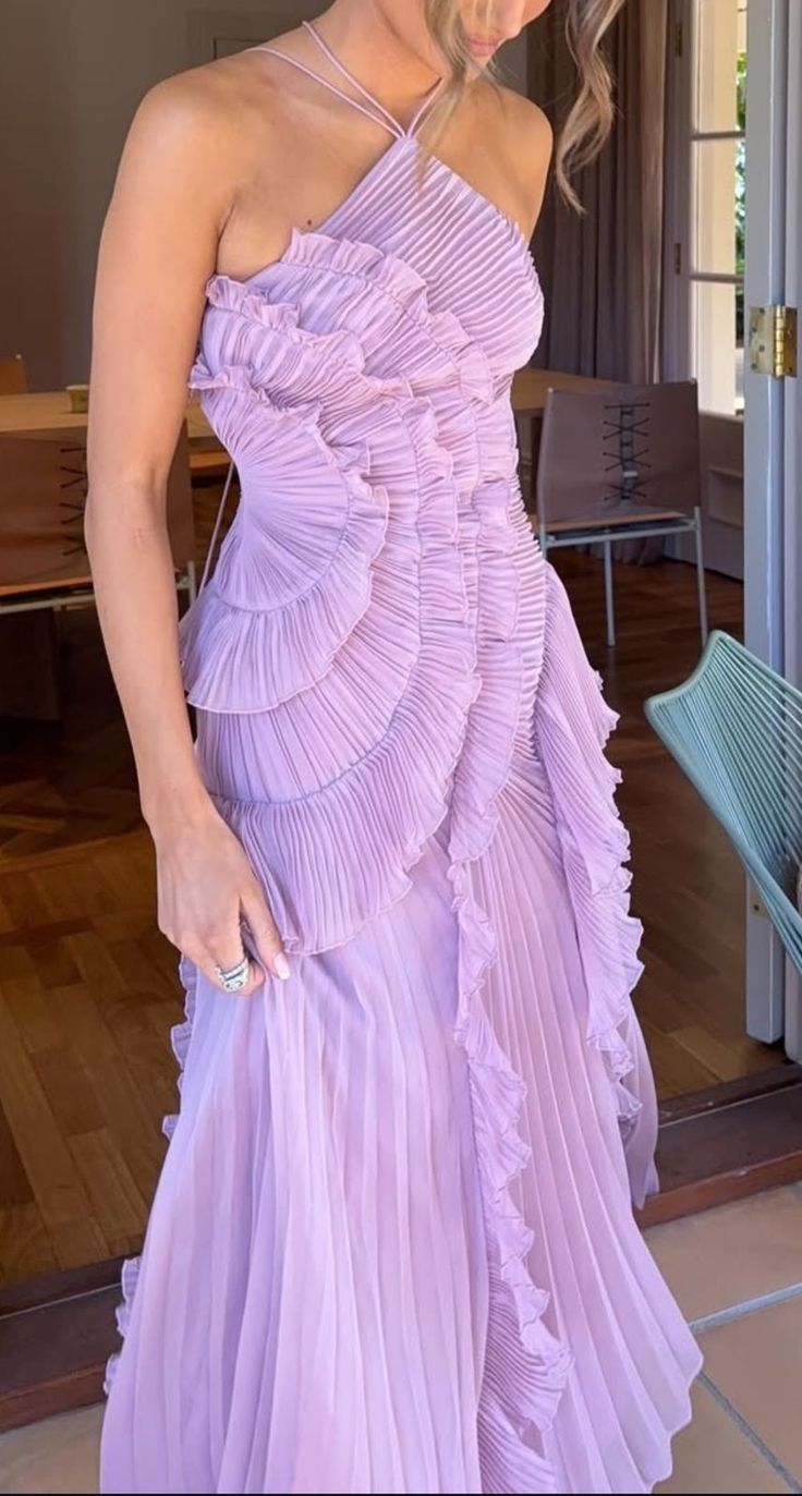 Niulatu Purple Halter A-Line Guest Dresses Chiffon Ruffles Long Prom Dresses Birthday Dresses HZ1031