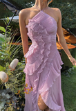 Niulatu Purple Halter A-Line Guest Dresses Chiffon Ruffles Long Prom Dresses Birthday Dresses HZ1031