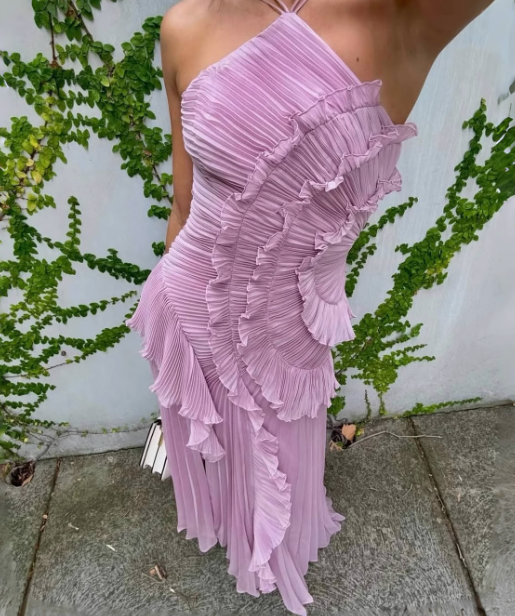 Niulatu Purple Halter A-Line Guest Dresses Chiffon Ruffles Long Prom Dresses Birthday Dresses HZ1031
