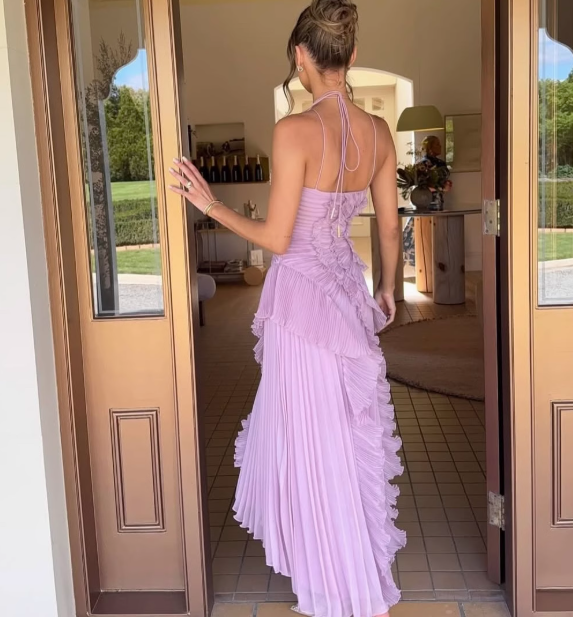 Niulatu Purple Halter A-Line Guest Dresses Chiffon Ruffles Long Prom Dresses Birthday Dresses HZ1031