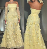 Niulatu Butter Yellow Strapless A-Line Tulle Applique Long Prom Dresses Elegant Birthday Evening Gowns HZ1031