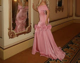 Niulatu Pink Off Shoulder Mermaid Satin Long Prom Dresses Formal Evening Gowns HZ1031