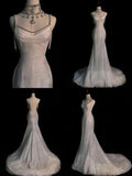 Niulatu White Spaghetti Straps Mermaid Tulle Evening Gown Shiny Trailing Wedding Dress HZ1031