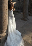 Niulatu White Spaghetti Straps Mermaid Tulle Evening Gown Shiny Trailing Wedding Dress HZ1031