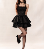 Niulatu Black Halter Neck A-Line Lace Tulle Short Prom Dresses Back to School Dress with Sequins HZ1031