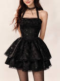 Niulatu Black Halter Neck A-Line Lace Tulle Short Prom Dresses Back to School Dress with Sequins HZ1031