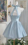 Niulatu Blue Halter Neck A-Line Satin Short Prom Dresses Homecoming Dress with Open Back HZ1031