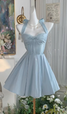 Niulatu Blue Halter Neck A-Line Satin Short Prom Dresses Homecoming Dress with Open Back HZ1031