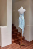 Niulatu Light Blue Spaghetti Straps Sheath Lace Short Party Dresses HZ1031