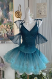 Niulatu Gradient Jade V-neck A-Line Tulle Short Party Dresses Sweetheart 16 Birthday Dress HZ1031