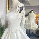 Niulatu White Square Neck A-Line Short Satin Birthday Evening Gowns Sweet Party Dress with Pearls HZ1031