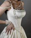 Niulatu White Square Neck A-Line Short Satin Birthday Evening Gowns Sweet Party Dress with Pearls HZ1031