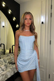 Niulatu Light Blue Strapless Bodycon Glitter Satin Short Prom Dresses Formal Evening Gowns HZ1031