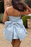 Niulatu Blue Spaghetti Straps A-Line Jacquard Satin Short Prom Dresses Sweetheart 17 Birthday Evening Gowns HZ1031