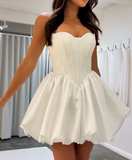 Niulatu White Strapless A-Line Satin Short Prom Dresses Fashion Homecoming Dress HZ1031