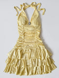 Niulatu Halter Yellow A-Line Satin Short Party Dress HZ1031
