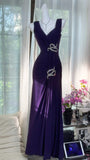 Niulatu Dark Purple V Neck Sheath Chiffon Long Prom Dresses Formal Evening Gowns HZ1031