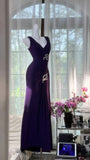 Niulatu Dark Purple V Neck Sheath Chiffon Long Prom Dresses Formal Evening Gowns HZ1031