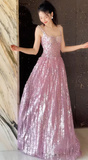 Niulatu Square Neck A-Line Sequins Long Prom Dresses Sweet Birthday Evening Gowns HZ1031