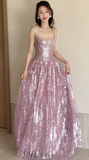 Niulatu Square Neck A-Line Sequins Long Prom Dresses Sweet Birthday Evening Gowns HZ1031