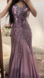 Niulatu Purple V-neck Mermaid Beaded Chiffon Long Prom Dresses Vintage Evening Gowns HZ1031