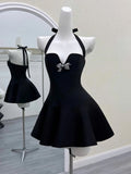 Niulatu Black Halter A-Line Satin Short Evening Gowns Sweet Homecoming Dress HZ1031
