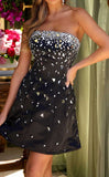 Niulatu Black Strapless A-line Satin Short Evening Gowns Sweet 17 Dress with Diamonds HZ1031