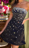 Niulatu Black Strapless A-line Satin Short Evening Gowns Sweet 17 Dress with Diamonds HZ1031