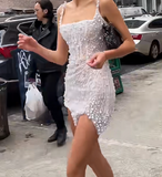 Niulatu White Square Neck Sheath Beaded Short Wedding Dress Birthday Evening Gowns HZ1031