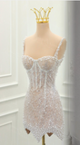 Niulatu White Square Neck Sheath Beaded Short Wedding Dress Birthday Evening Gowns HZ1031