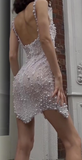 Niulatu White Square Neck Sheath Beaded Short Wedding Dress Birthday Evening Gowns HZ1031